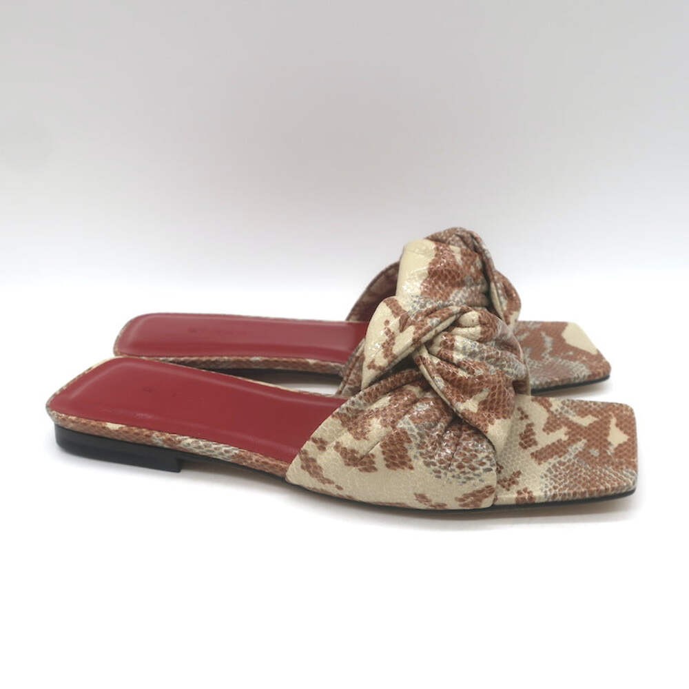BY FAR Lima Knotted Flat Slide Sandals Almond Snake Print Leather Size 38 NEW