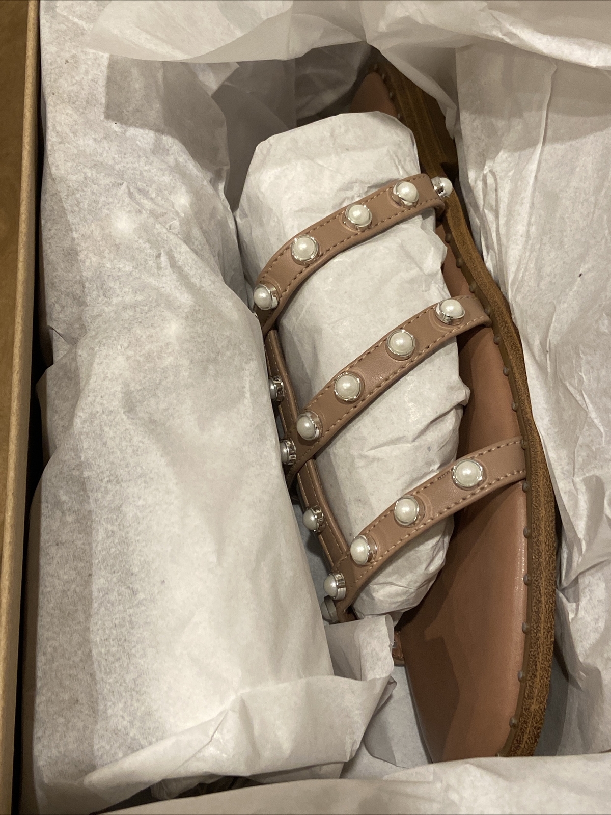 STEVE MADDEN Lynky Tan Caged Pearl Studded Slides Size 7