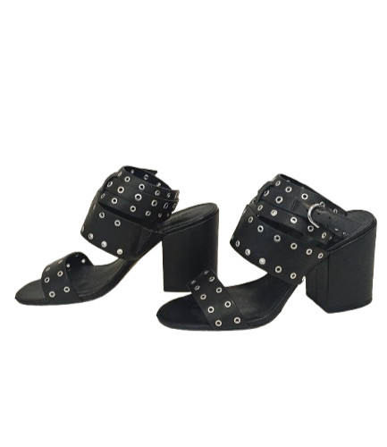 Rebecca Minkoff Black Carter Grommet Chunky Block 3.5″ Heel Sandal Size 6.5