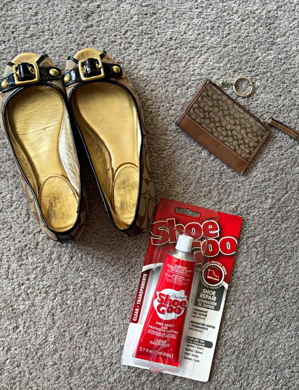 Coach Signature Logo Canvas Open Toe Slip-On Flats + Brown Jacquard coin purse