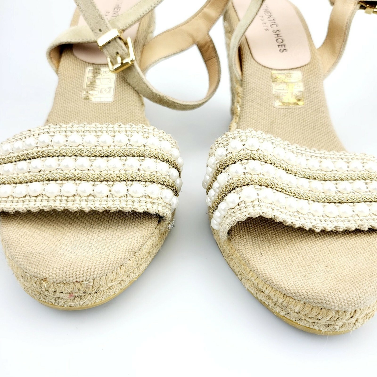 Boho Espadrille Wedge Sandals Womens 8 39 Tan Pearl Beaded Coastal Summer