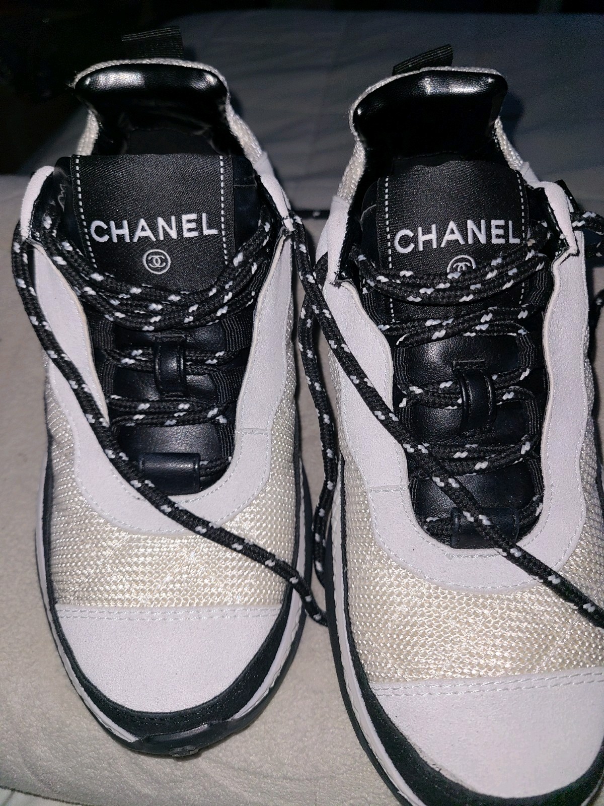 Chanel Mesh Suede Calfskin Quilted Sneakers White Ivory Womens Size 35/US 5