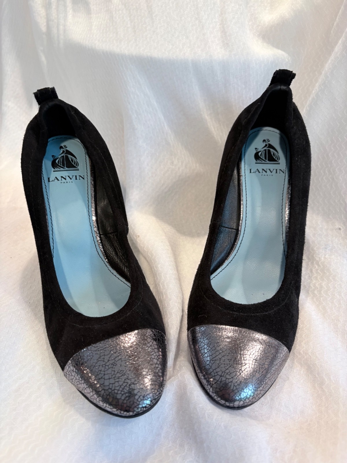 LANVIN Paris Suede & Metallic Cap-Toe Wedge Pumps | Size 38 | Black & Gunmetal S