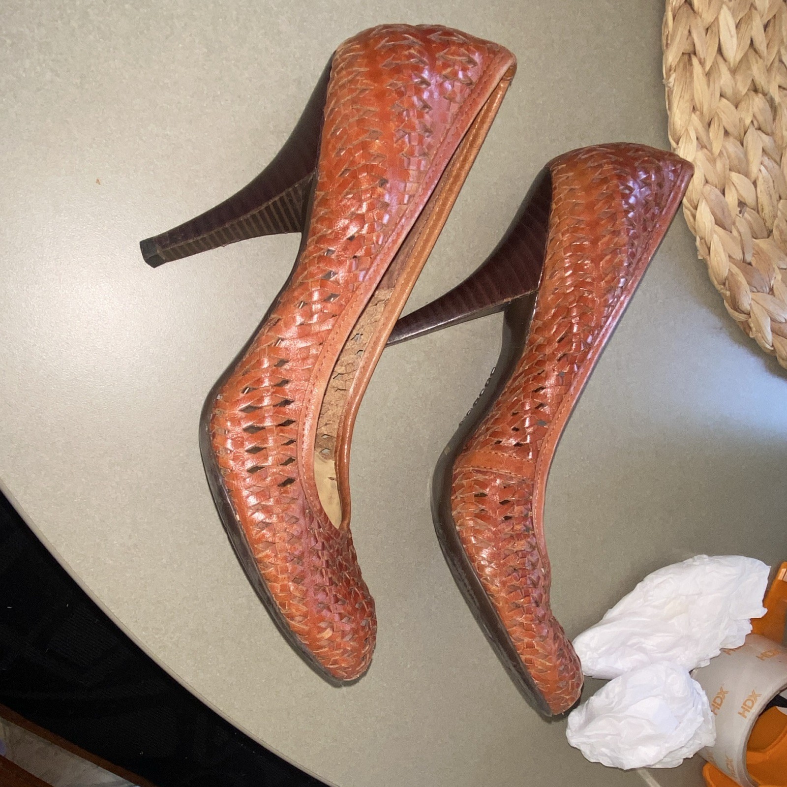 BCBGirls Brown Woven Leather Round Toe Stiletto Slip-On Pump Heels