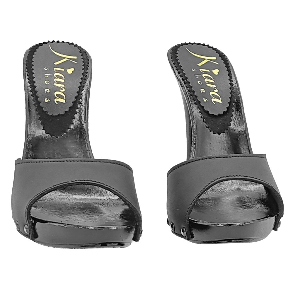 Black Clogs With Leather Strap And 12 CM Heel – Made In Italy – KM753001 BLACK