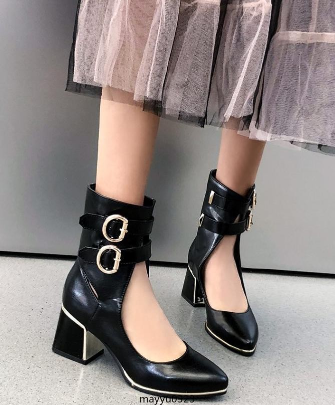 Womens Pointy Toe Mid Block Heel Sandals Hollow Out Buckle Ankle Boots Oversize