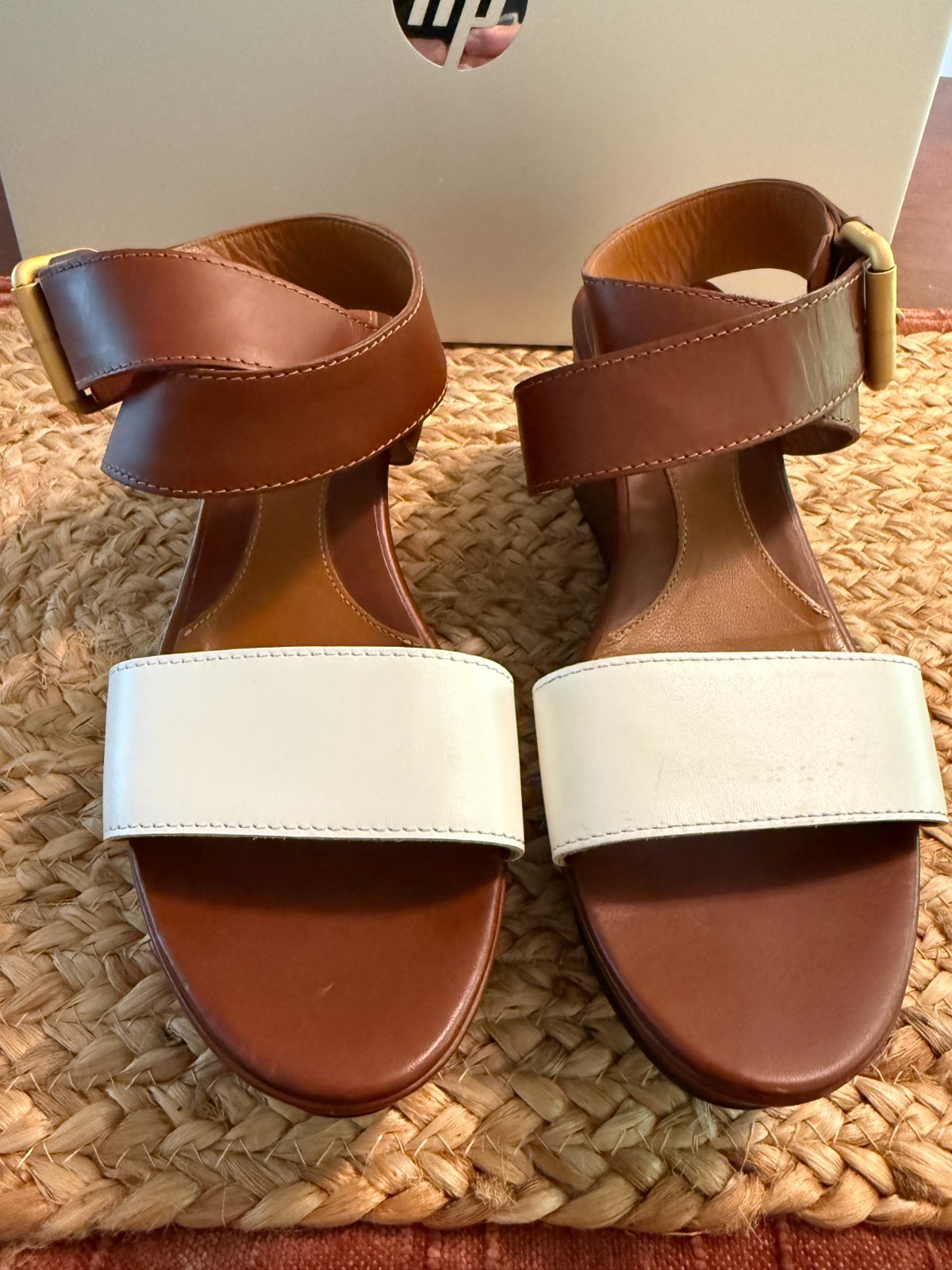 FENDI Two-tone Brown White Leather Platform Wedge Sandals Designer Clean 9/39