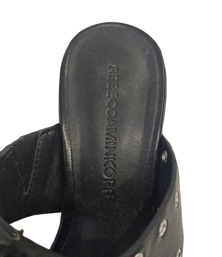 Rebecca Minkoff Black Carter Grommet Chunky Block 3.5″ Heel Sandal Size 6.5