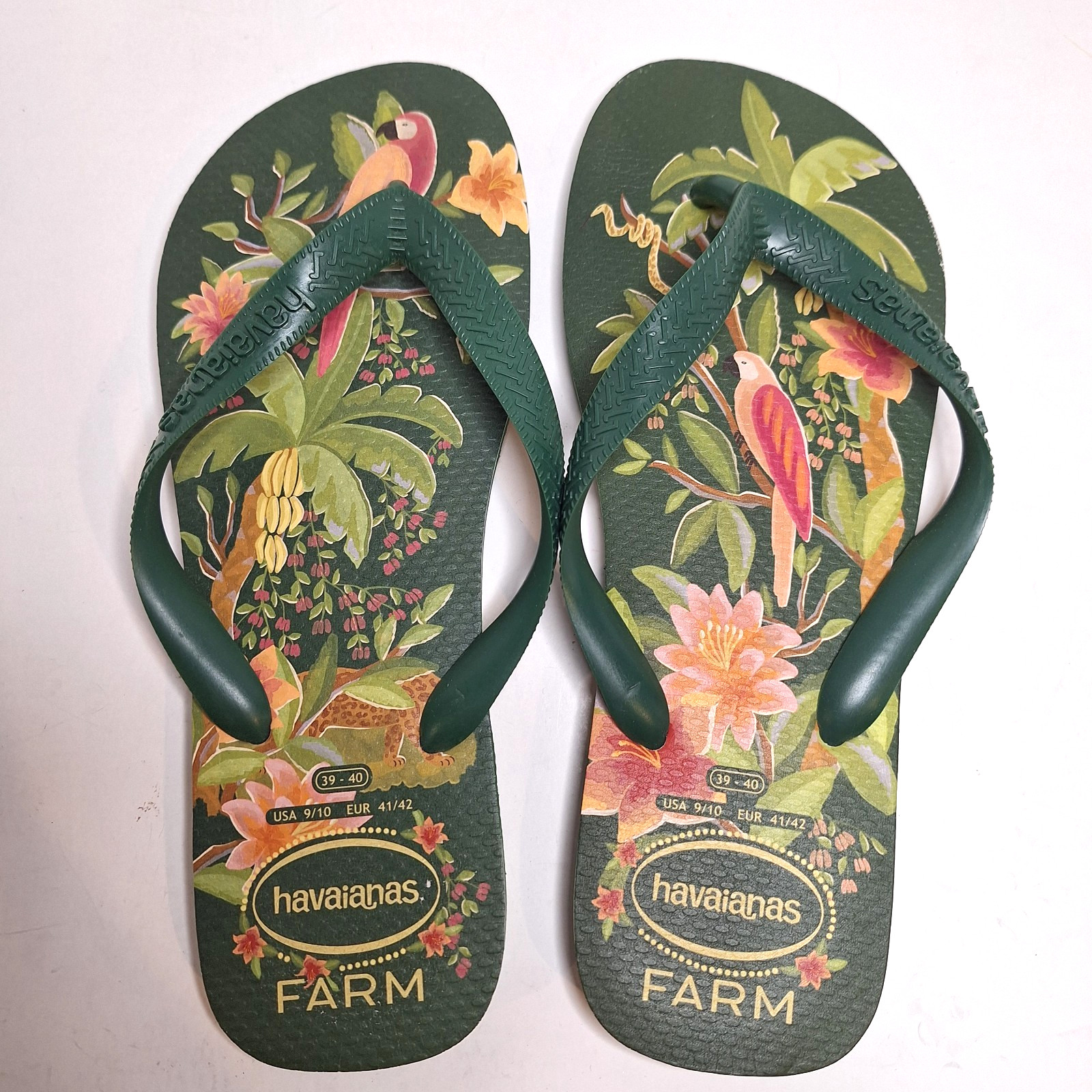 Havaianas x Farm Rio Flip Flops Womens 9 10 Green Tropical Floral Parrot Bananas