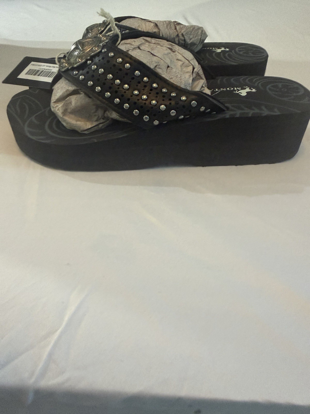 Montana West Women’s Leather Thong Wedge Sandals Western Studded Black 8 NIB