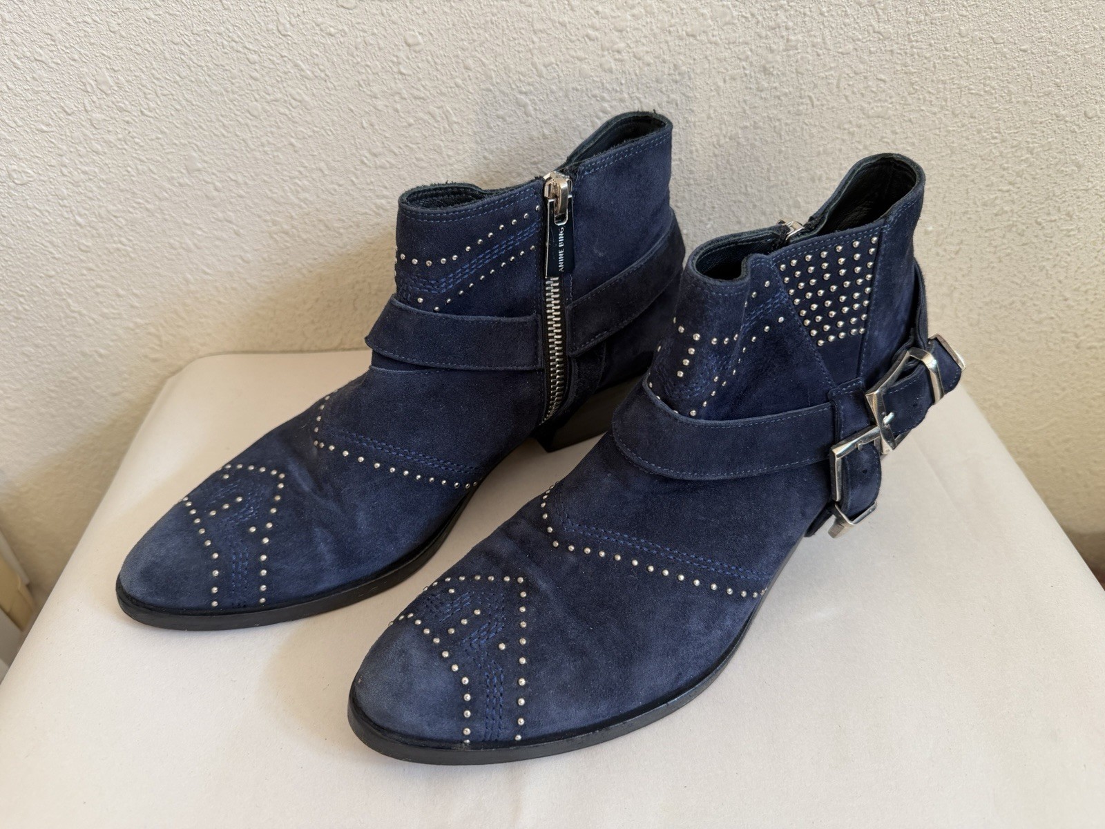 Anine Bing Bianca Navy Suede Studded Motto Ankle Boots Booties 37 US 7