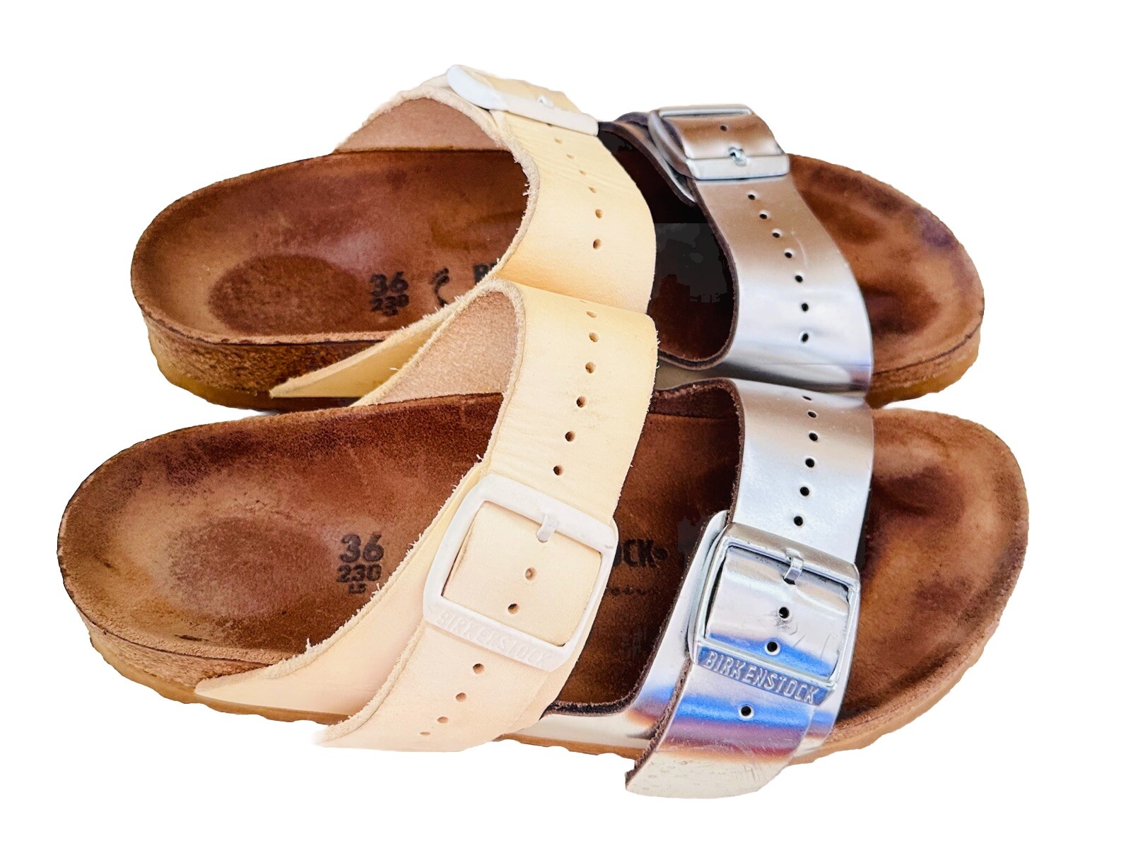 RICK OWENS + BIRKENSTOCK ARIZONA SANDALS LEATHER BEIGE SILVER WOMEN SZ 36 /US 5