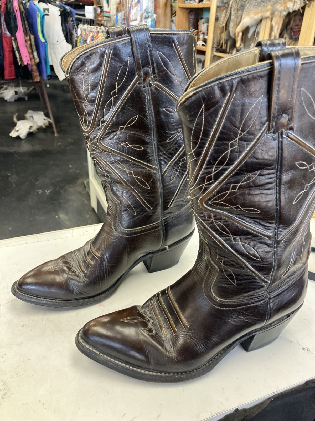 Vintage 70s Acme Western Cowgirl Stitched Brown Designer Leather Boots Size 9 M