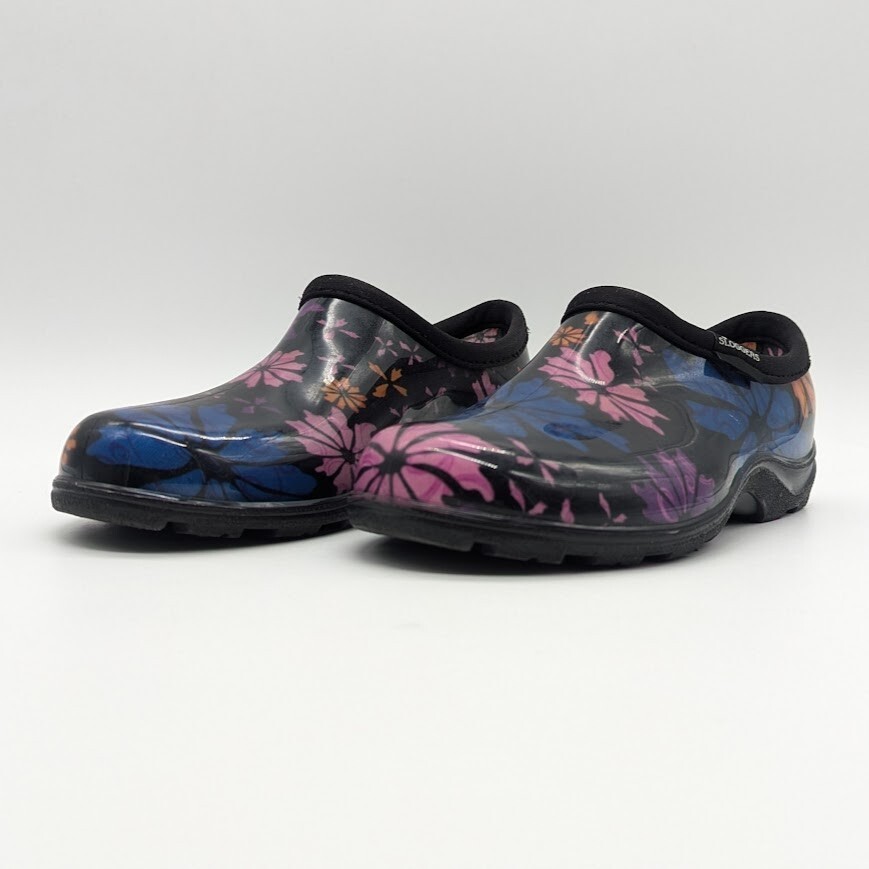 Sloggers – Waterproof Garden Clog – Women’s 7 – Floral Black Blue Rubber Slip-On