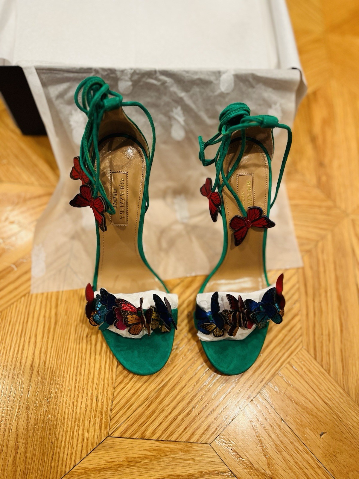 Aquazzura Papillon 105mm Emerald Green Suede Butterfly Tie-Ankle Heels Size 36