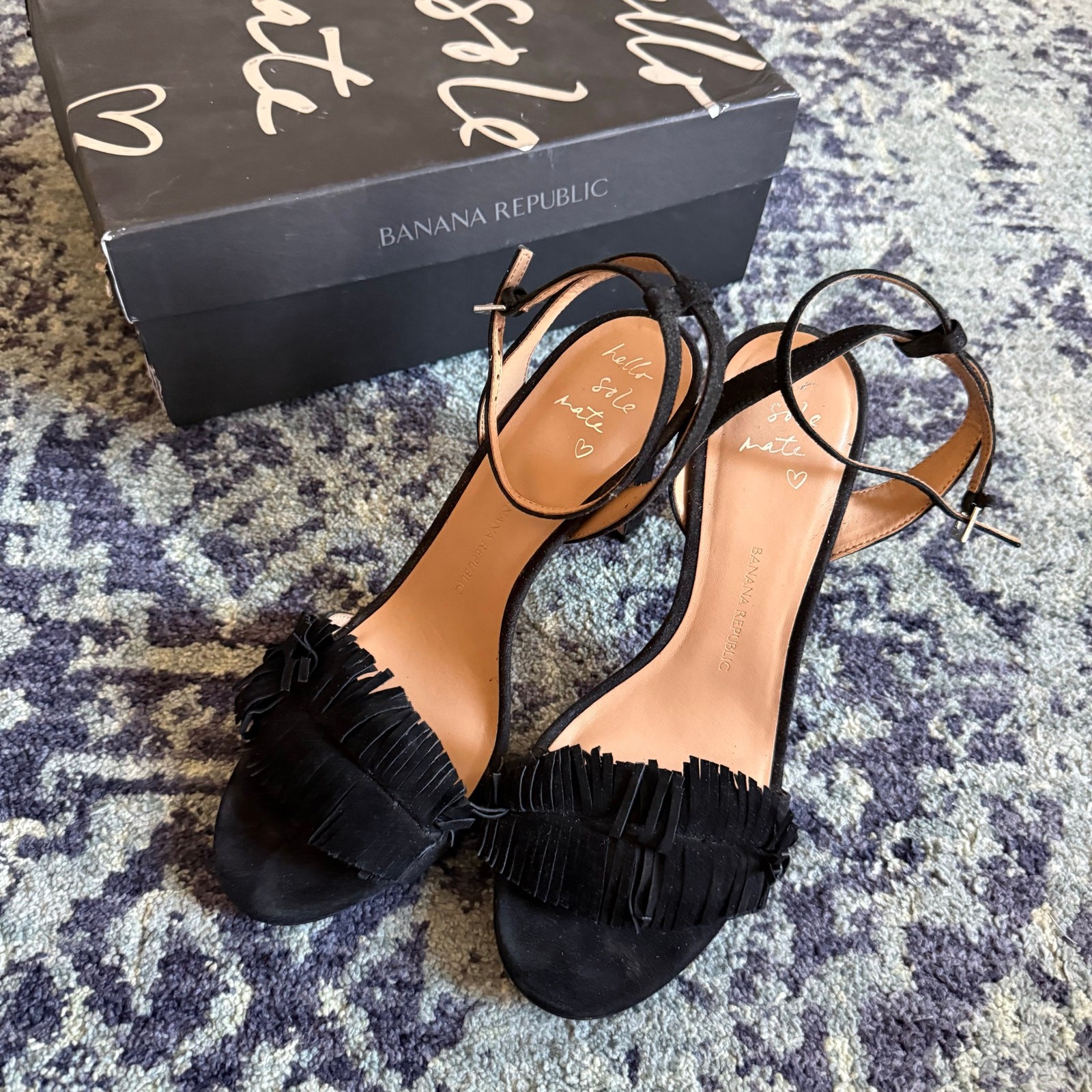 Banana Republic Black Honeysuckle Fringe Open Toe Heels Summer Going Out Preppy
