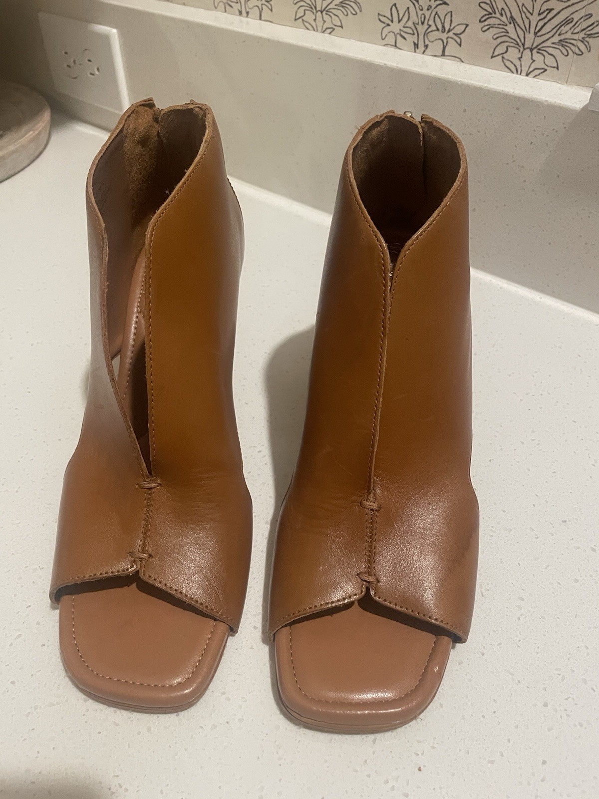 Vince Camuto Brown Leather Open Toe Square Toe Cone Heel Booties Zip Accent