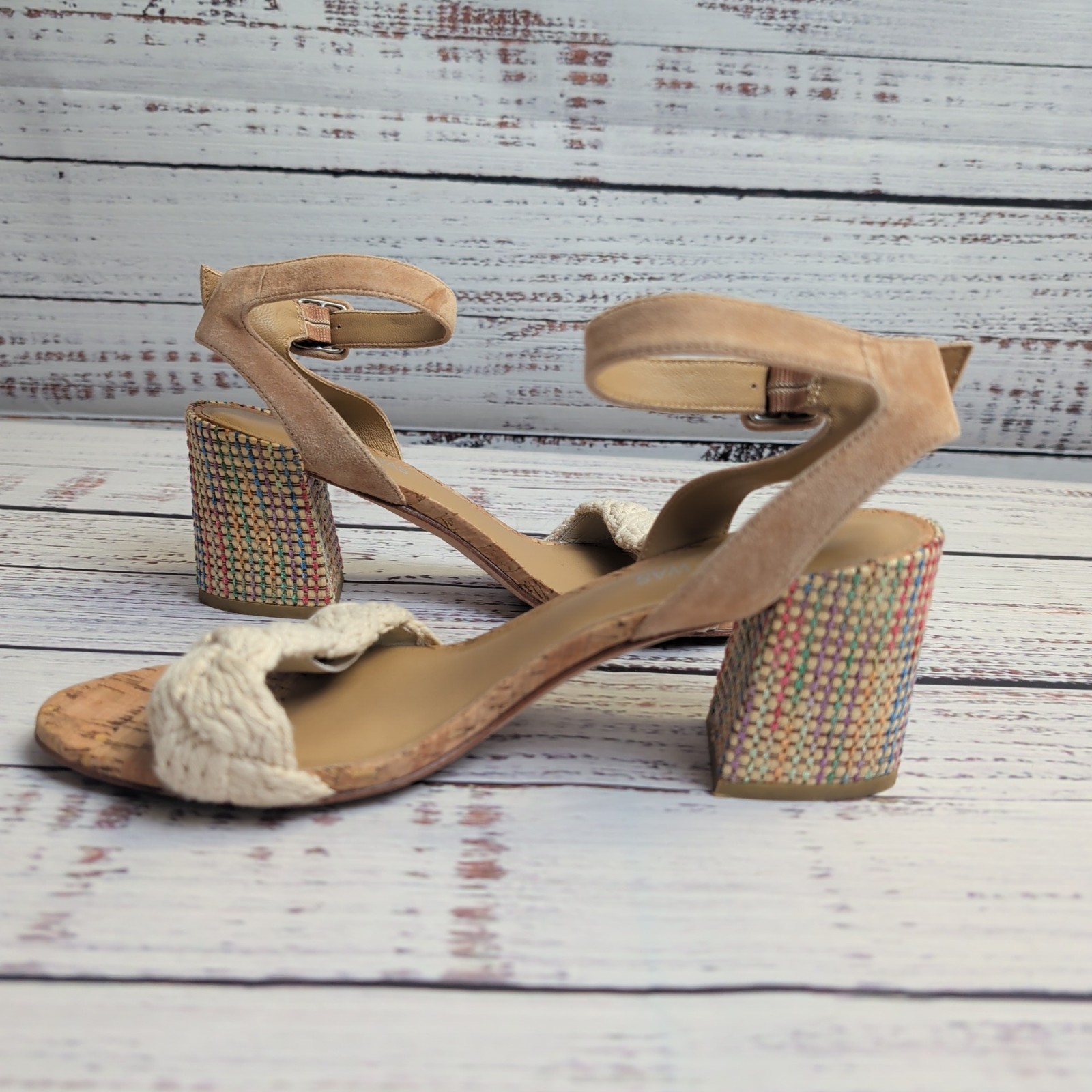 Johnny Was Women’s Braid Block Heel Multicolor Sandals Beige Suede Upper Size 8