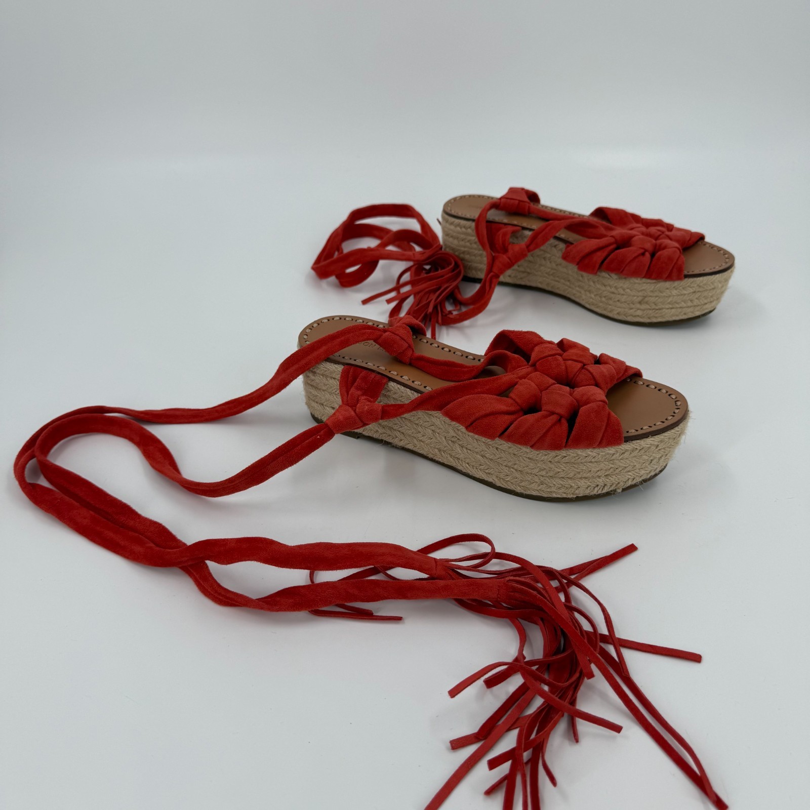 Sigerson Morrison Cosie Espadrille Platform Sandals Womens 7 Red Ankle Wrap Ties