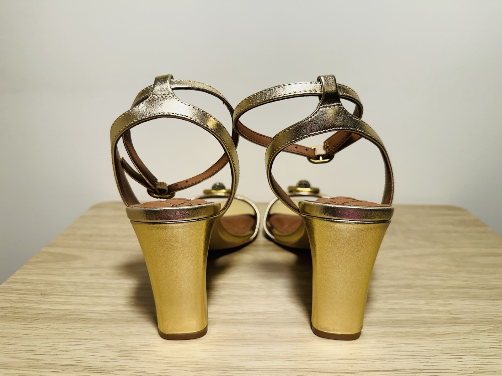 Kurt Geiger London ankle strap logo heeled shoes metallic gold NWOB 9.5 (40.5)