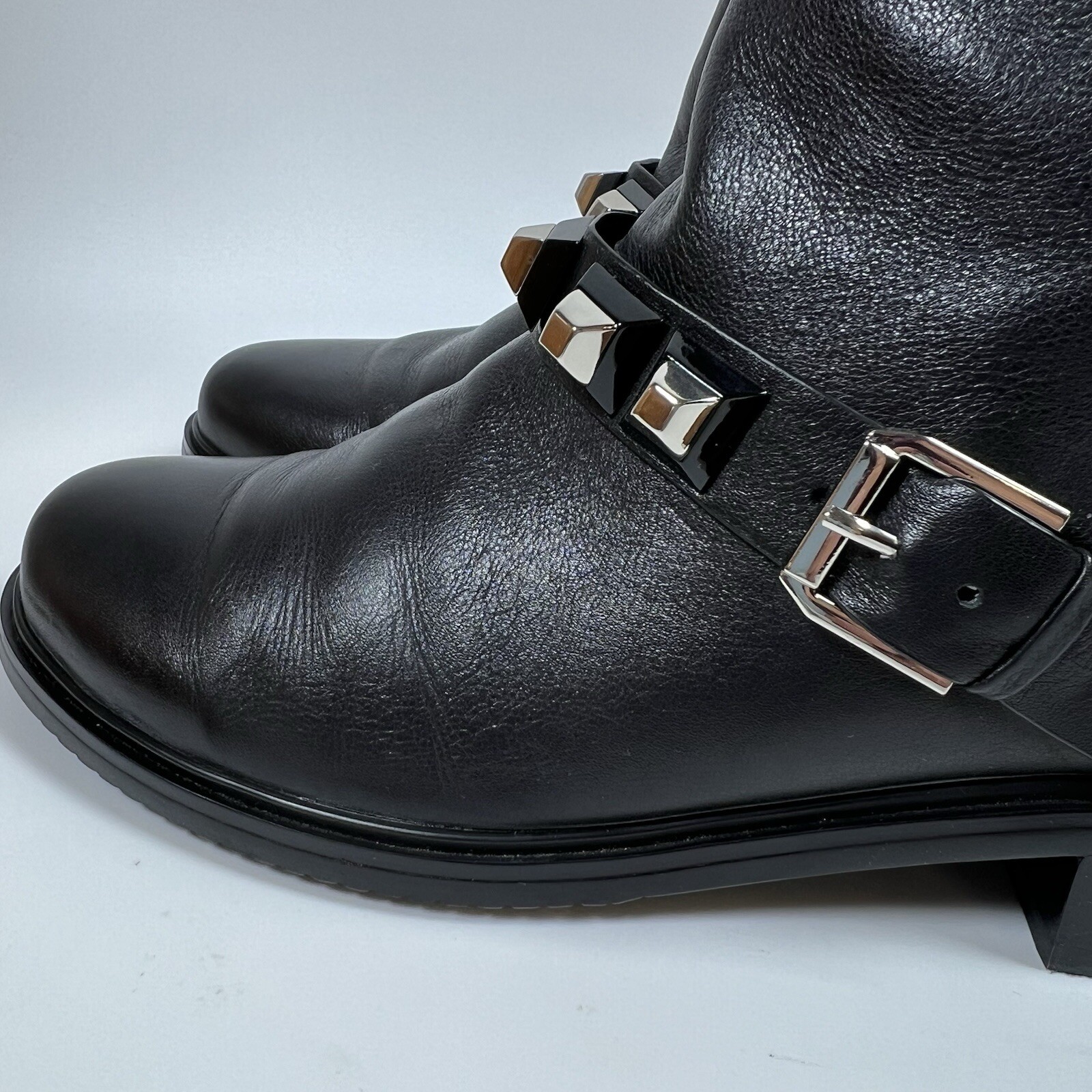 Balidoner Black Leather Ankle Boots Buckle Strap Studded Moto Biker