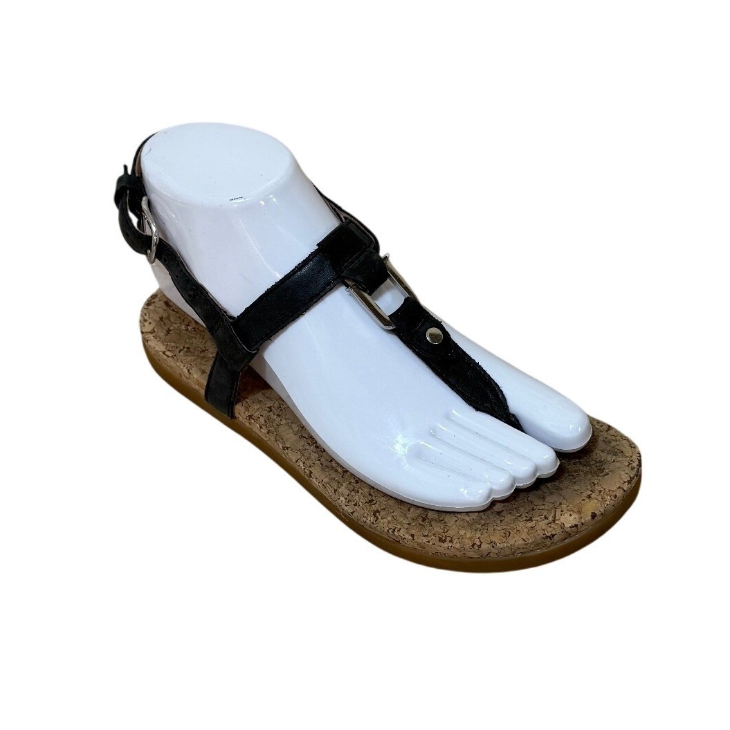 UGG Women Kari T-Strap Sandals 6.5 Black Leather Cork Flat 1112677 Boho Summer