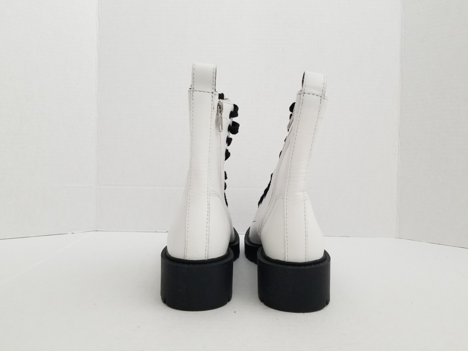 STEVE MADDEN White Leather Checker Combat Boots Black Lace-Up Zip Lug Sole 5 M