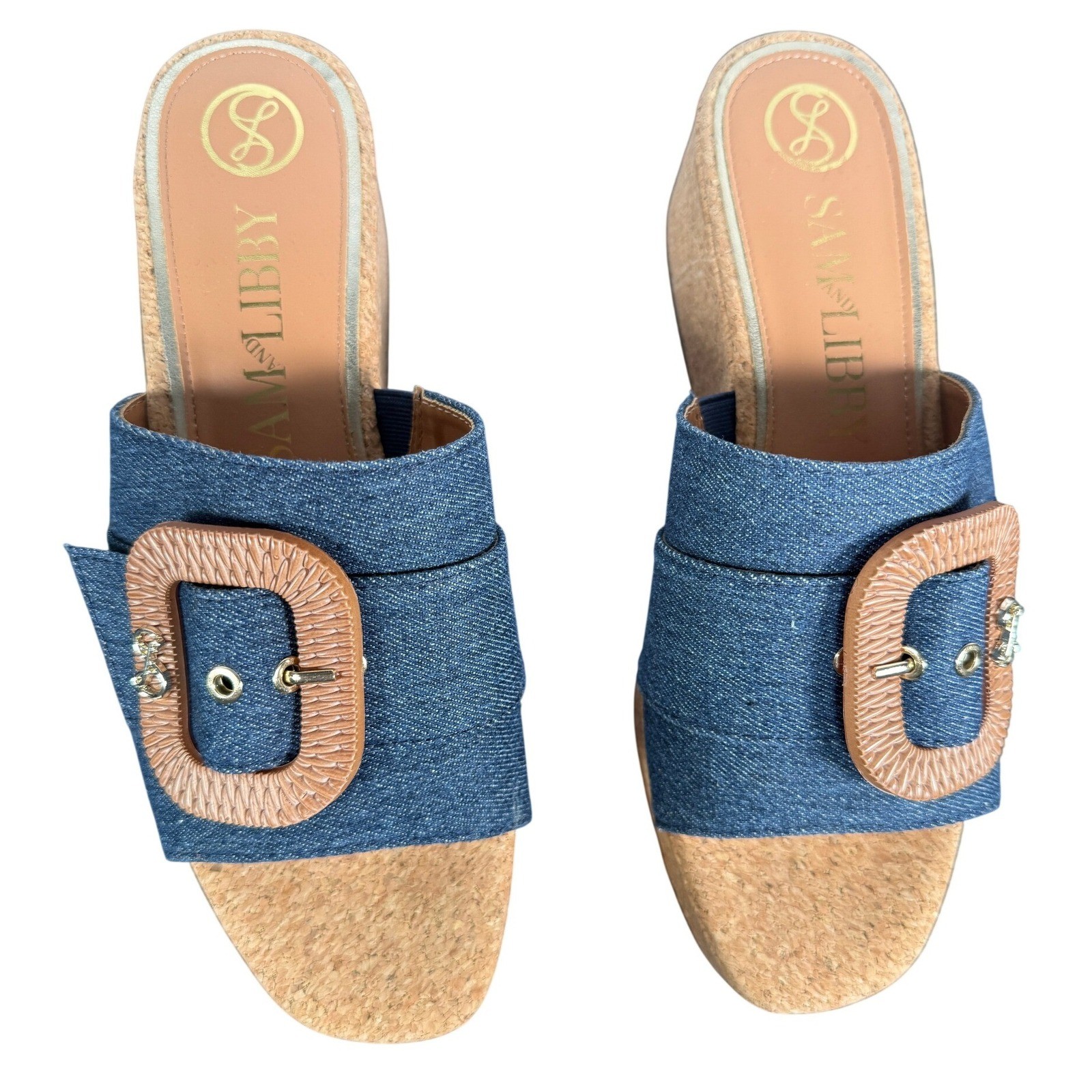 Sam & Libby Denim Cork Platform Wedge Slide Sandals Blue Buckle Size 8.5