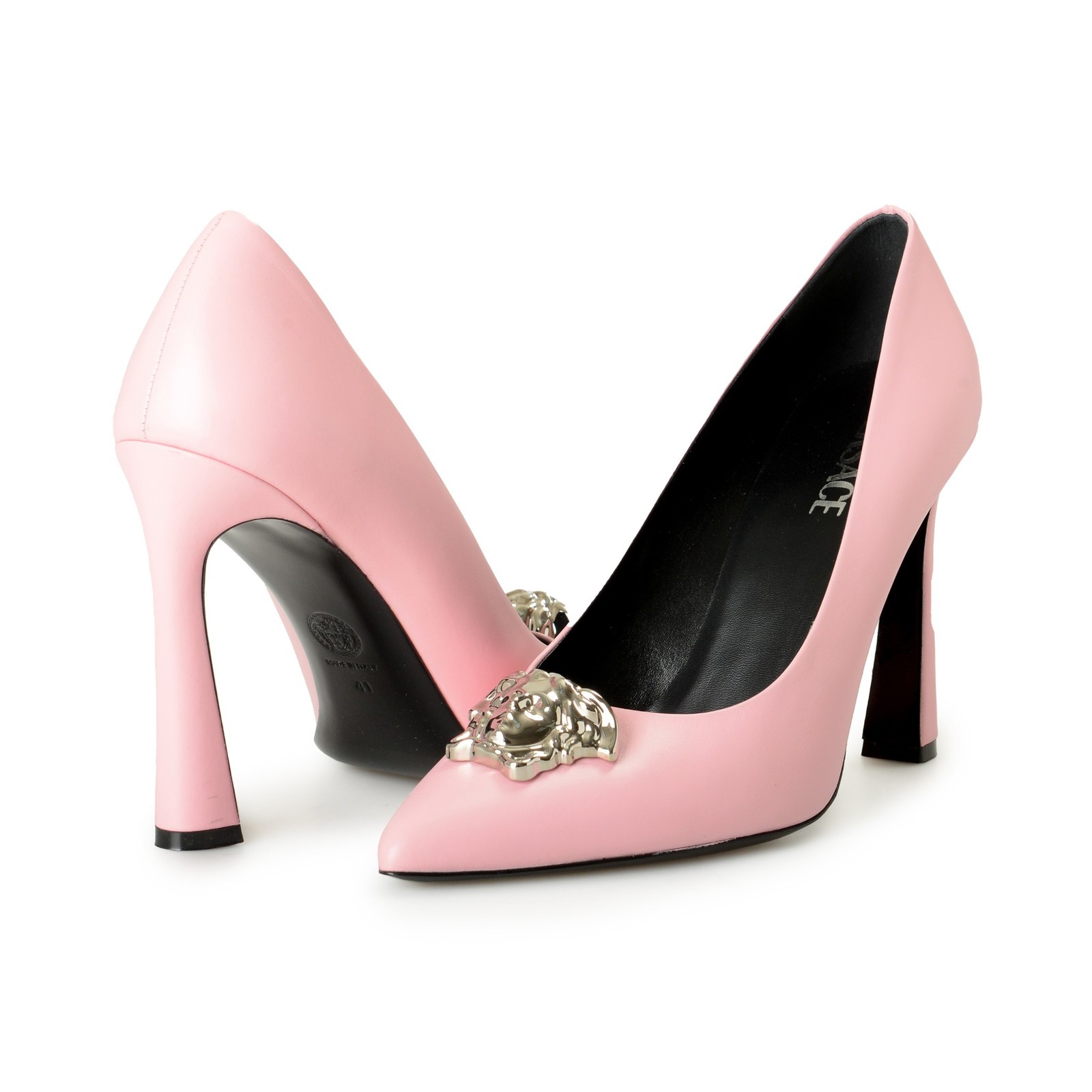 Versace Women’s Silver Medusa Pink 100% Leather Heeled Pumps Shoes US 6 IT 36
