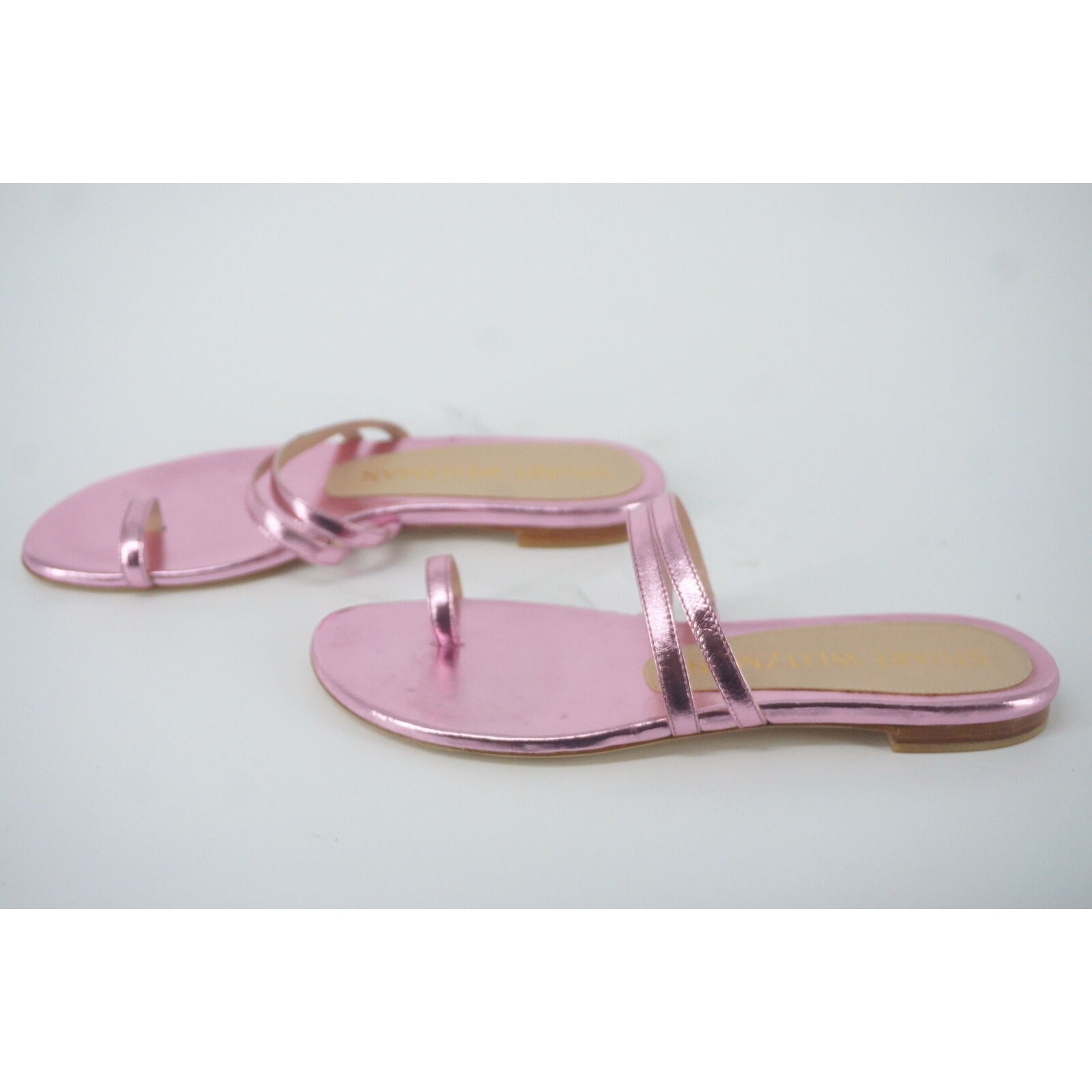 Stuart Weitzman Leonita Slide Pink Metallic Leather Sandals Size 6 New Flat $350
