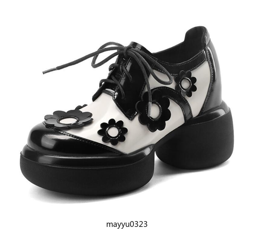 Womens Floral Lace Up Leather Mid Chunky Heel Round Toe Platform Casual Shoes