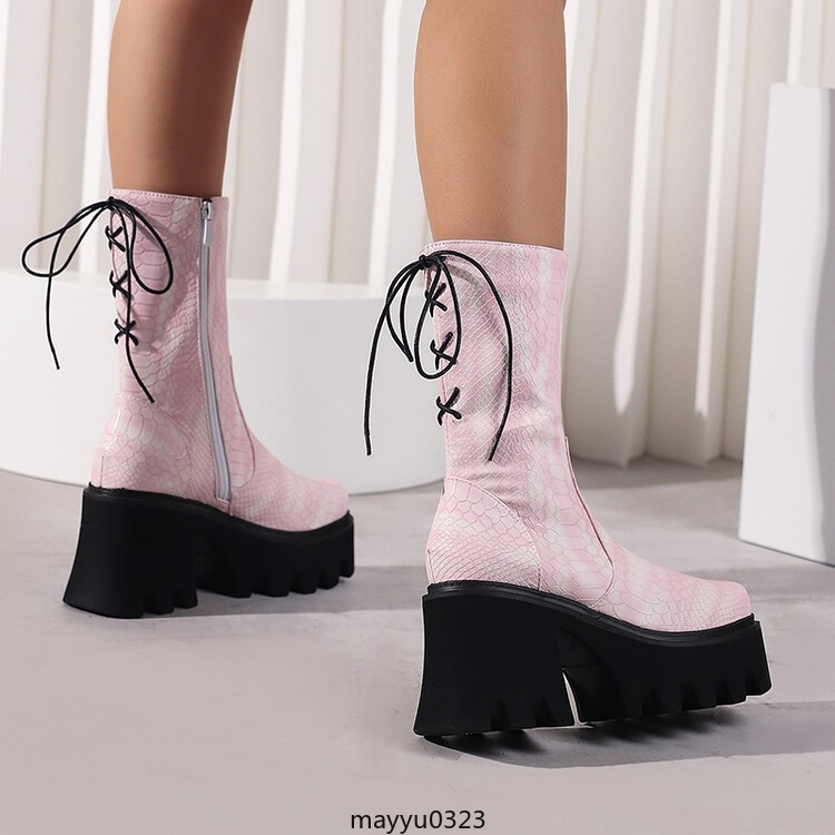 Womens Platform High Block Heel Zip Square Toe Casual Ankle Boots Shoes Biker