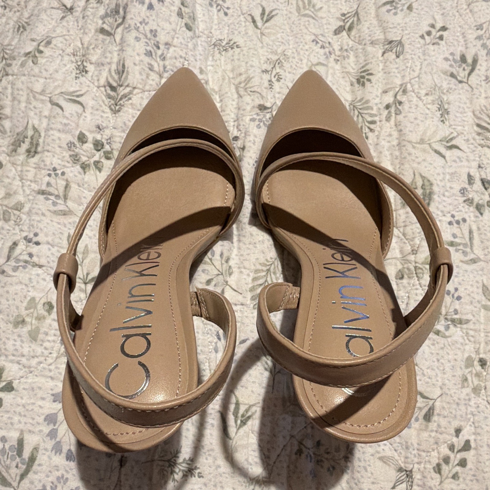 Calvin Klein Women’s Beige Faux Leather Strappy Pointed Toe Slingback Pumps