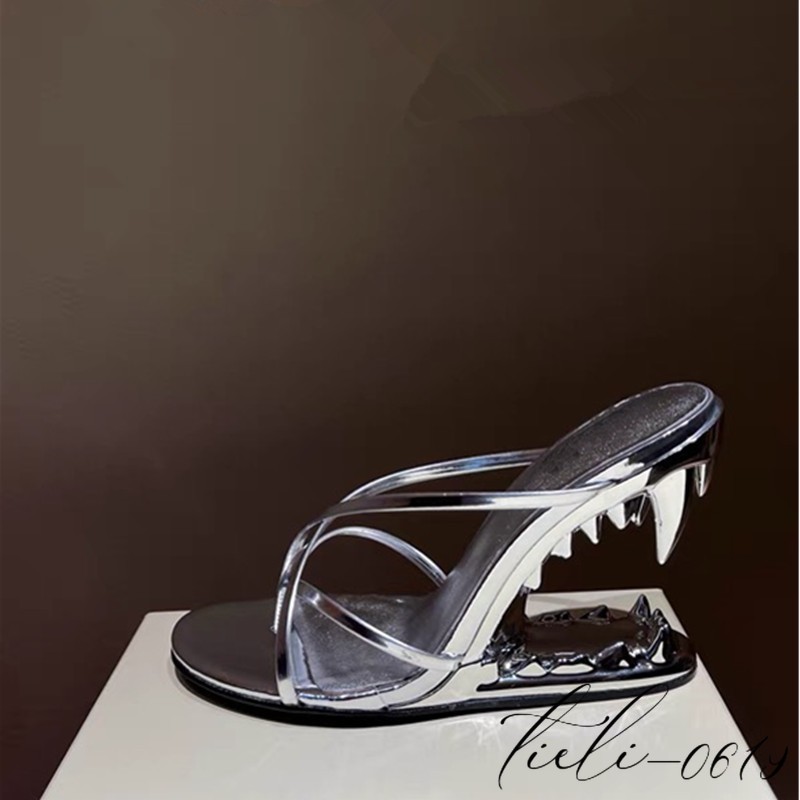 Women Metal High Teeth Heels Mules Sandals Oversize Slippers Fashion Show Runway