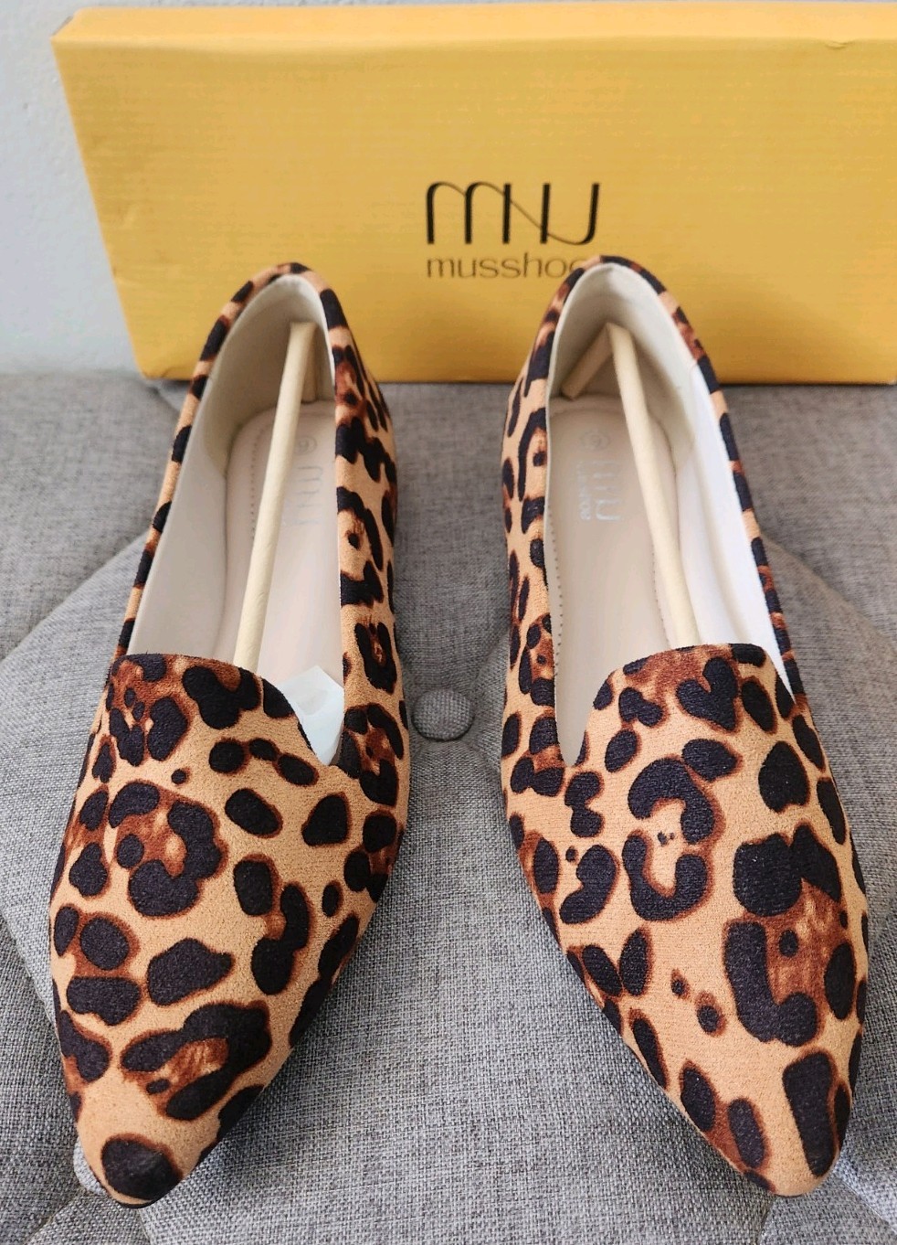 musshoe Animal Print Pointed Toe Slip On Flats Brown Black Faux Suede