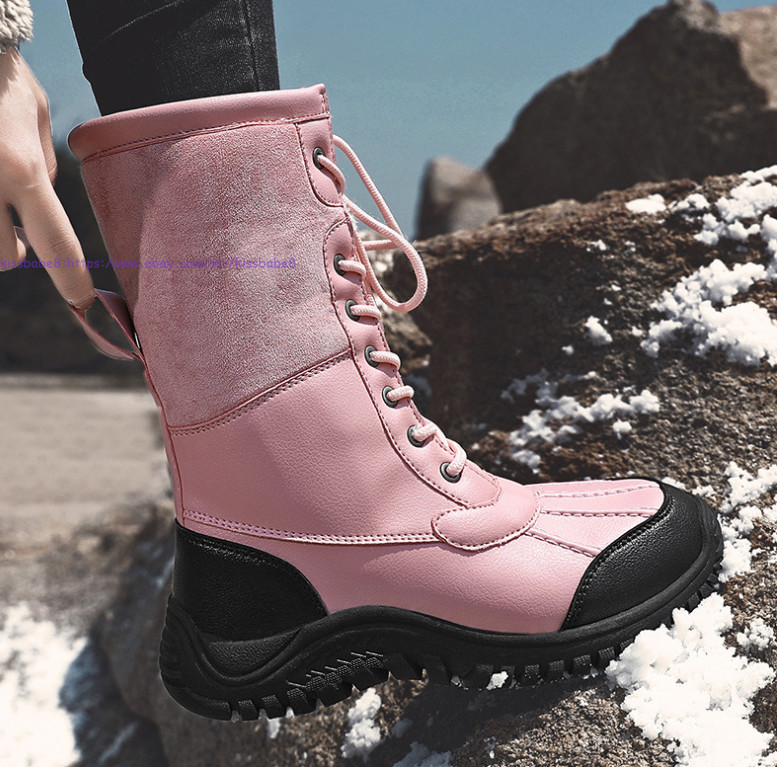Womens Faux Leather Winter Snow Boots Warm Fleece Shoes Mid Calf Walking Boots