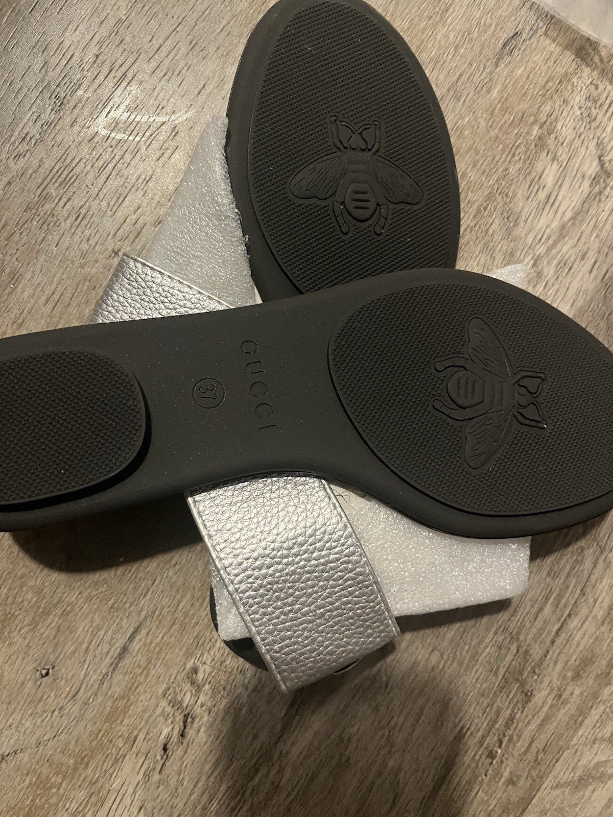 Gucci GG Marmont Logo Slide Sandals Women US 6.5 EU 37 Silver/Black Leather