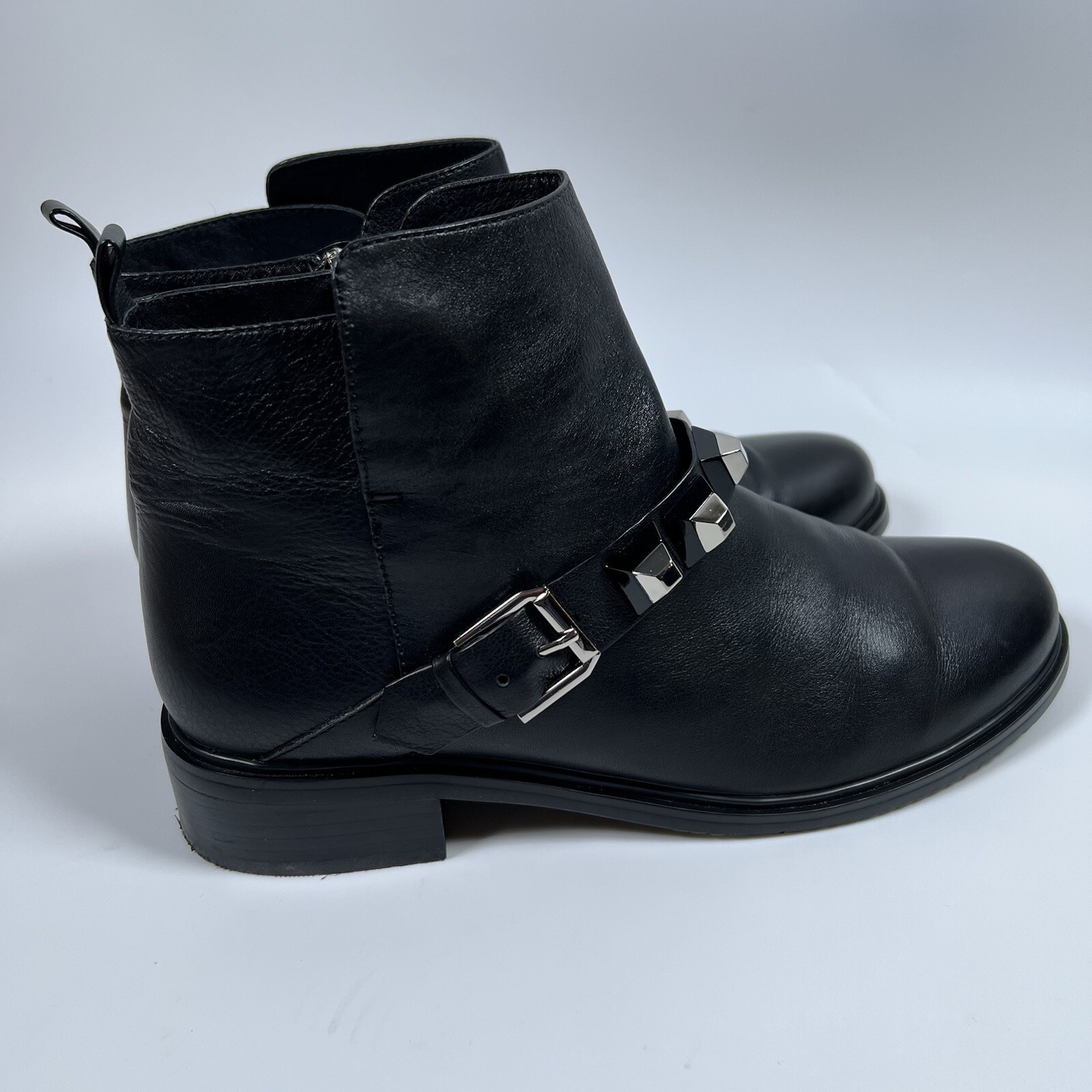 Balidoner Black Leather Ankle Boots Buckle Strap Studded Moto Biker