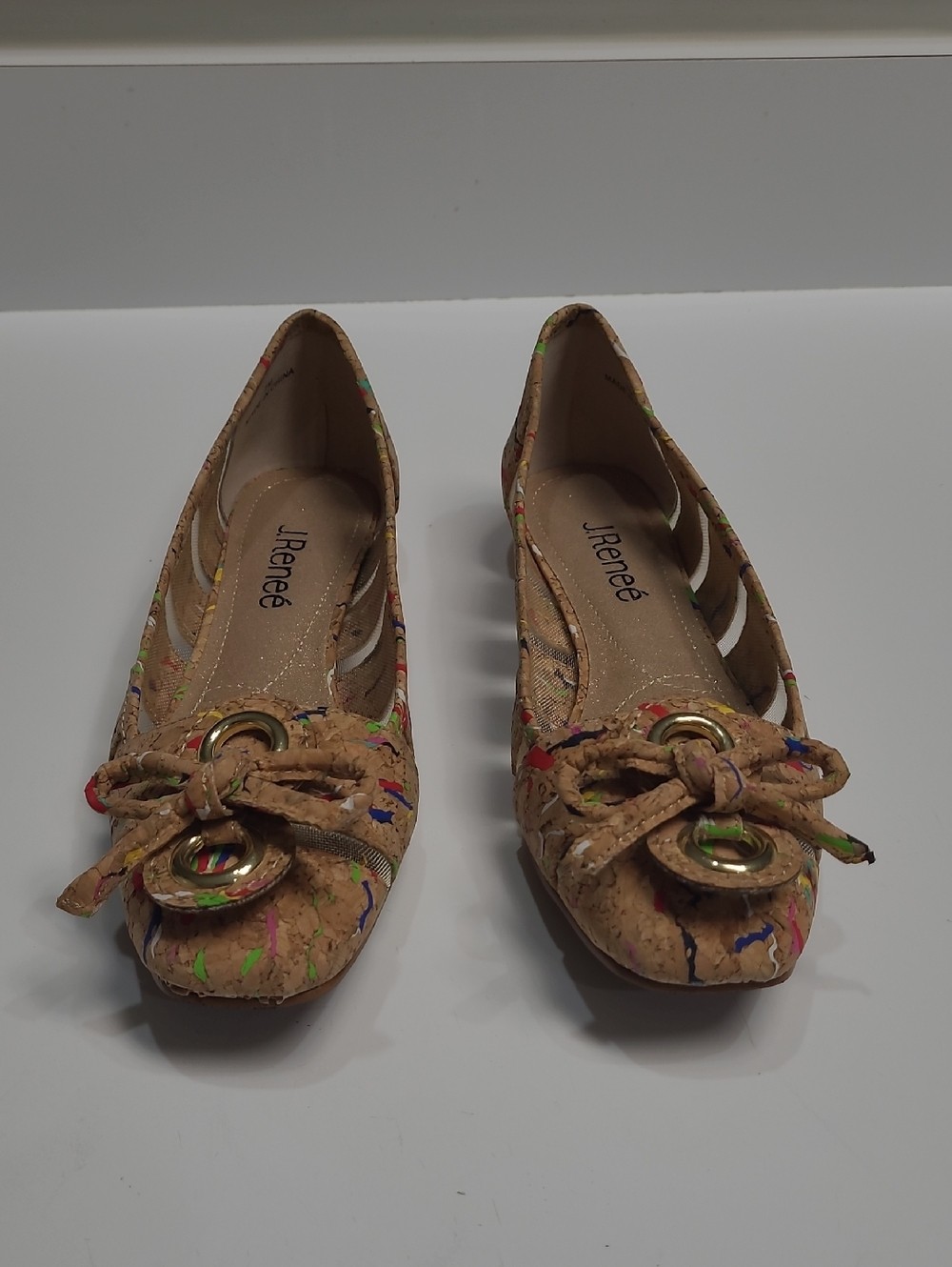 J. Renée Women’s Tan Cork Ballet Flats with Multicolor Paint Detail – Size 7