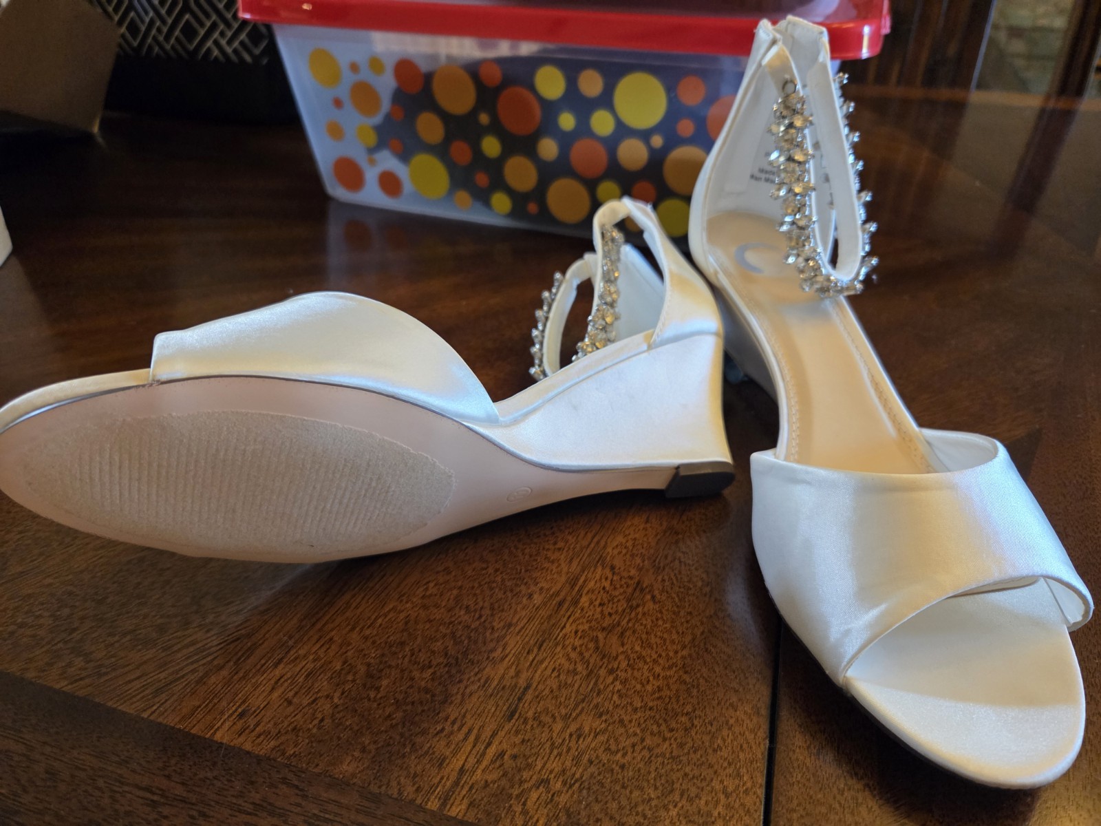 Journee Collection White Satin Wedge Ankle Strap Rhinestone Sandals 11