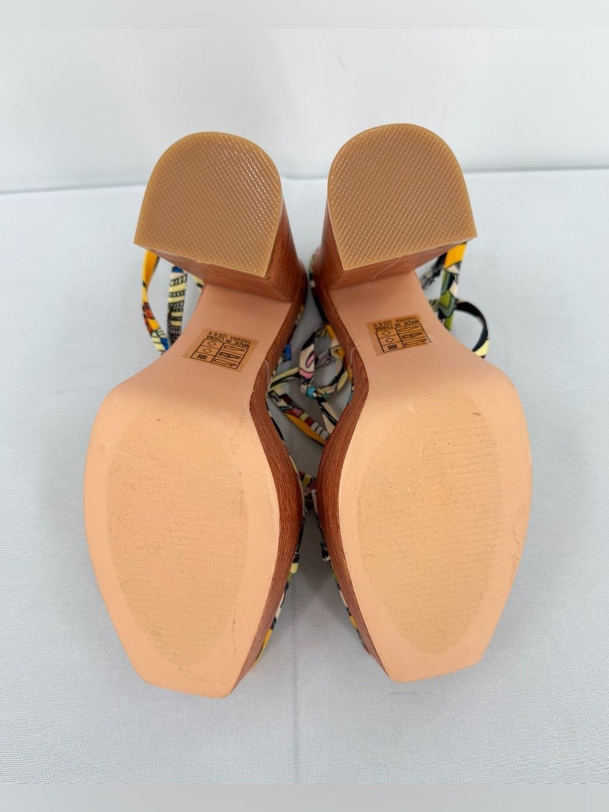 Resort Platform faux wood Block Heel Sandals Multicolor Vacation Heels 6.5