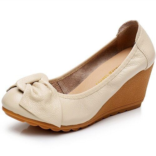 Women’s Genuine Leather Bowknot Boat Shoes Casual Slip on Wedge Shoes High Heels