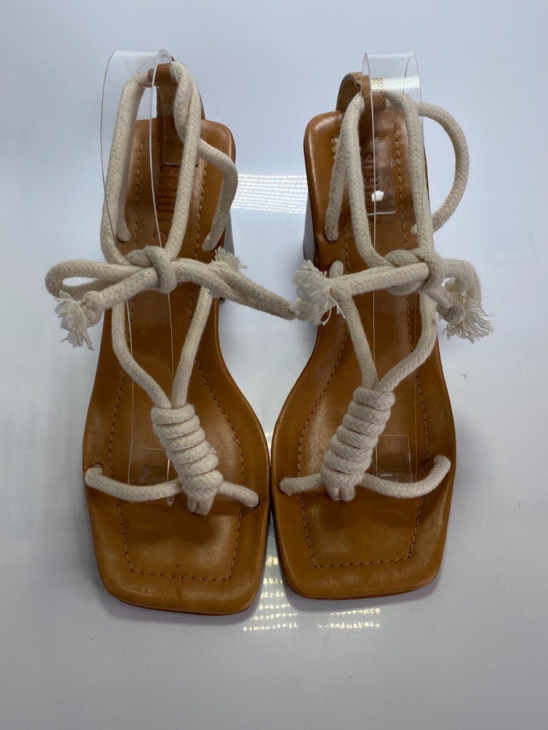 Schutz Women’s Angieh Cream Leather Lace-Up Stacked Heel Sandals Sz 10