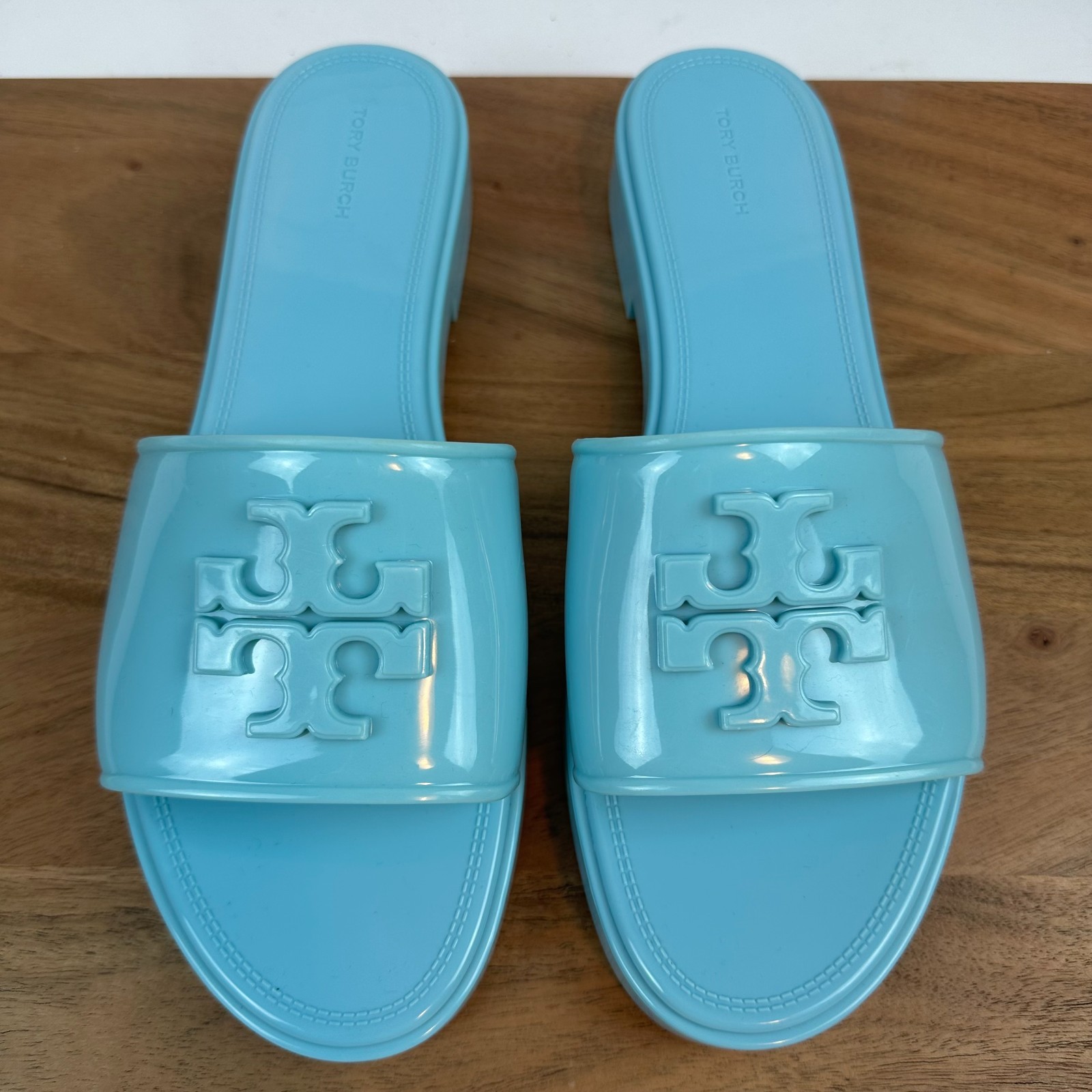 Womens Tory Burch Eleanor Jelly Blue Rubber Logo Casual Slides Sandals Size 11 M