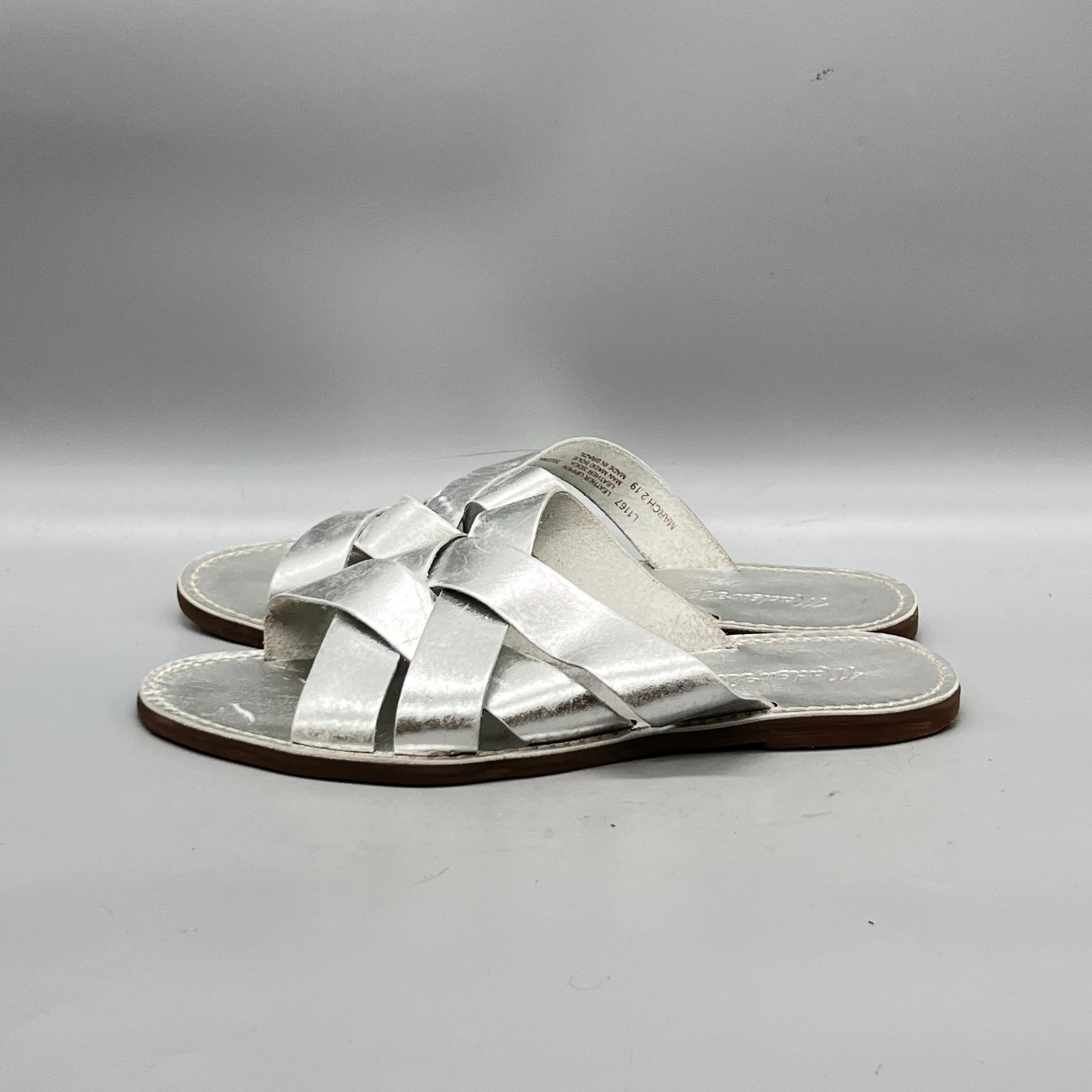 Madewell Sandals Women 9 Silver Leather Boardwalk Woven Strappy Slide Flat Shoes