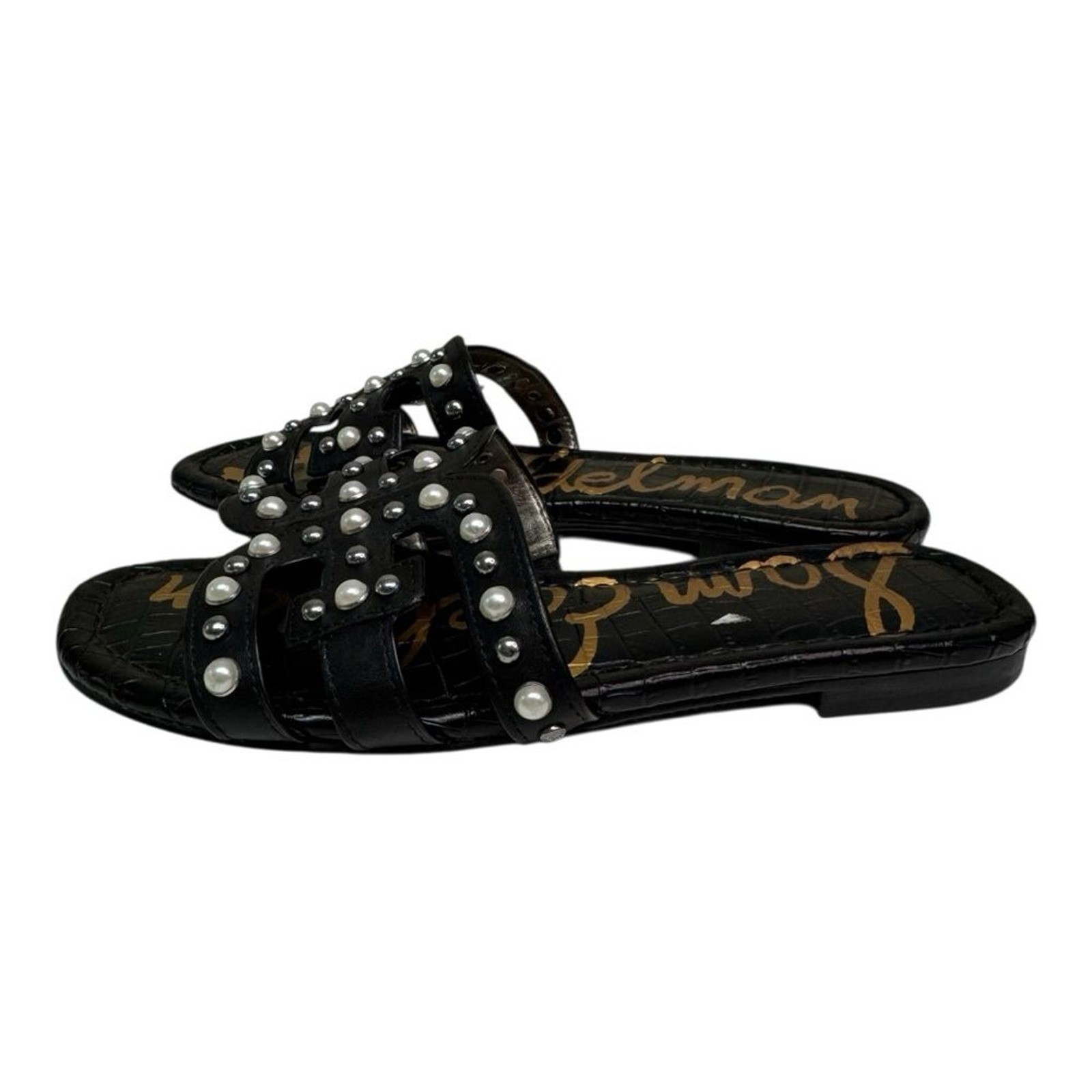 Sam Edelman Women Black Leather Studded Pearl Embellished Slide Sandals SZ 6.5