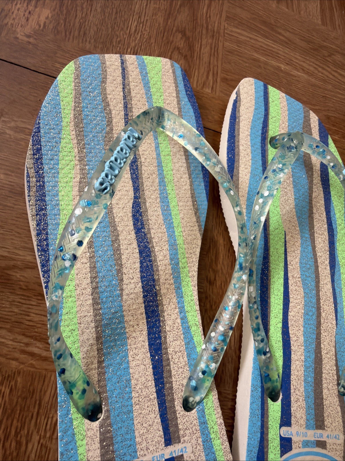 Havaianas Slim Square Folia Flip Flop Blue Stripped Glittery Women’s USA 9/10