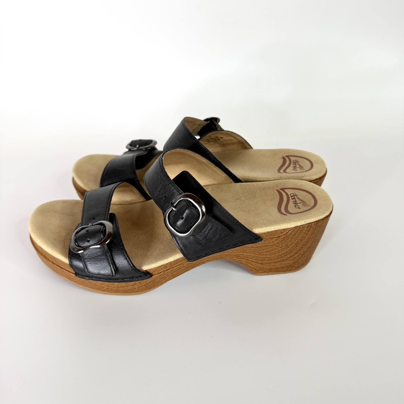 Dansko Sandals Womens Size 9 Black Leather Slide Wedge Buckle Comfort Shoes