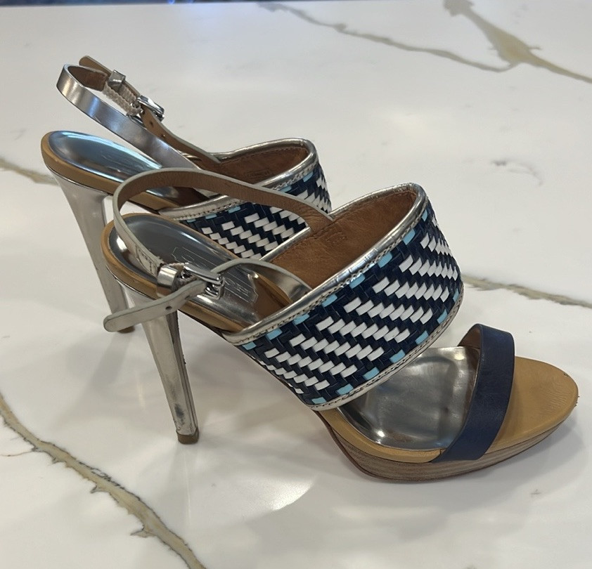 Coach Steffi Blue Tan And Silver Woven Sandals