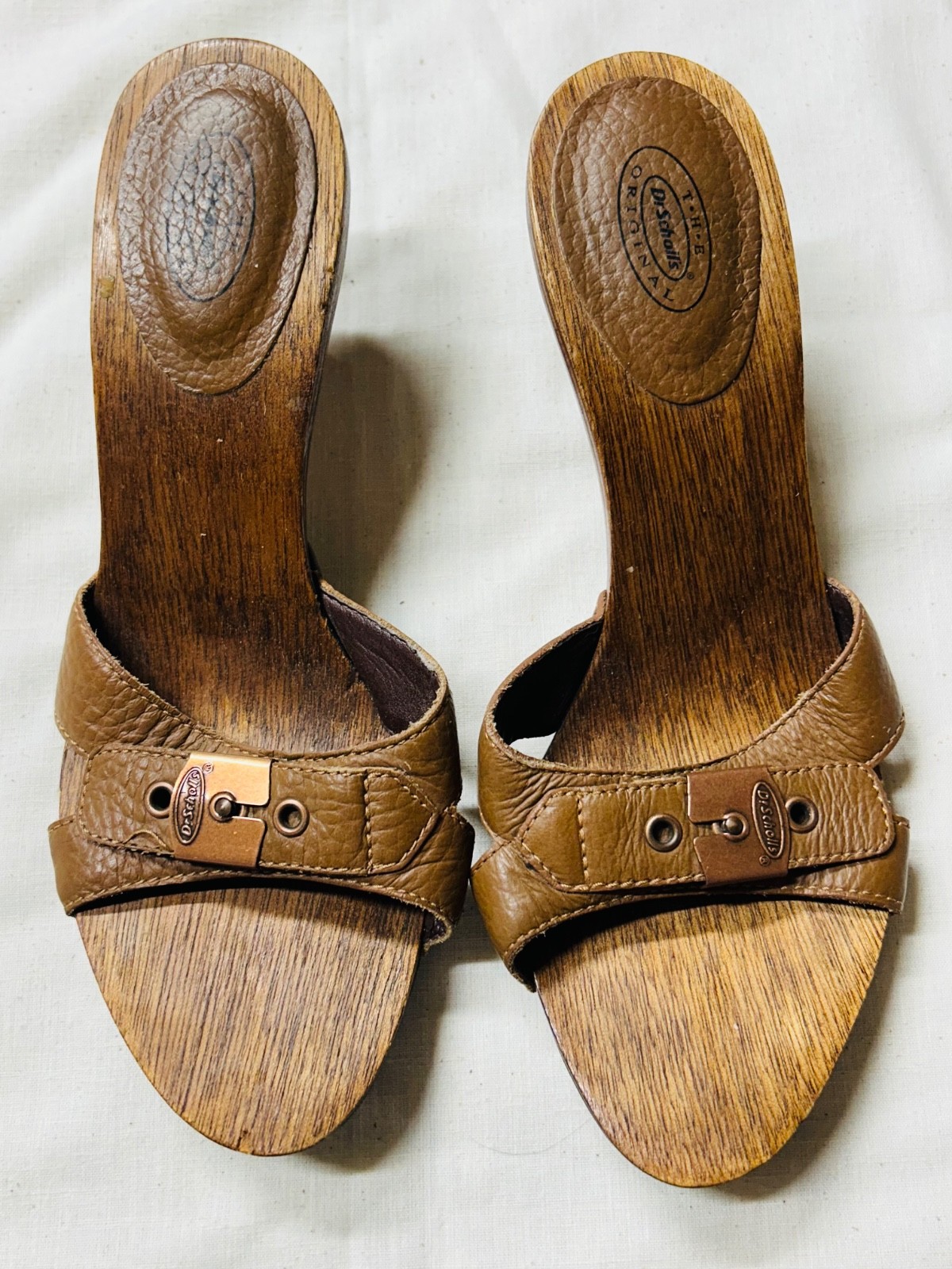 DR SCHOLLS Original (6) Sandals Brown Leather Wooden Kitten Heels Slides Brazil